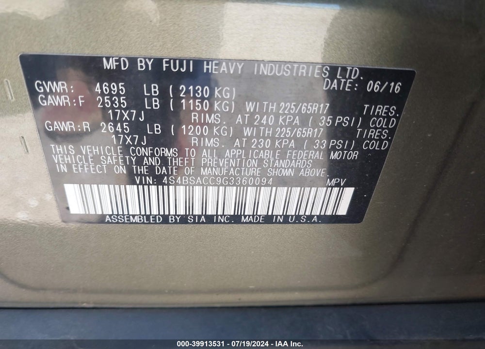 2016 SUBARU OUTBACK 2.5I PREMIUM VIN: 4S4BSACC9G3360094