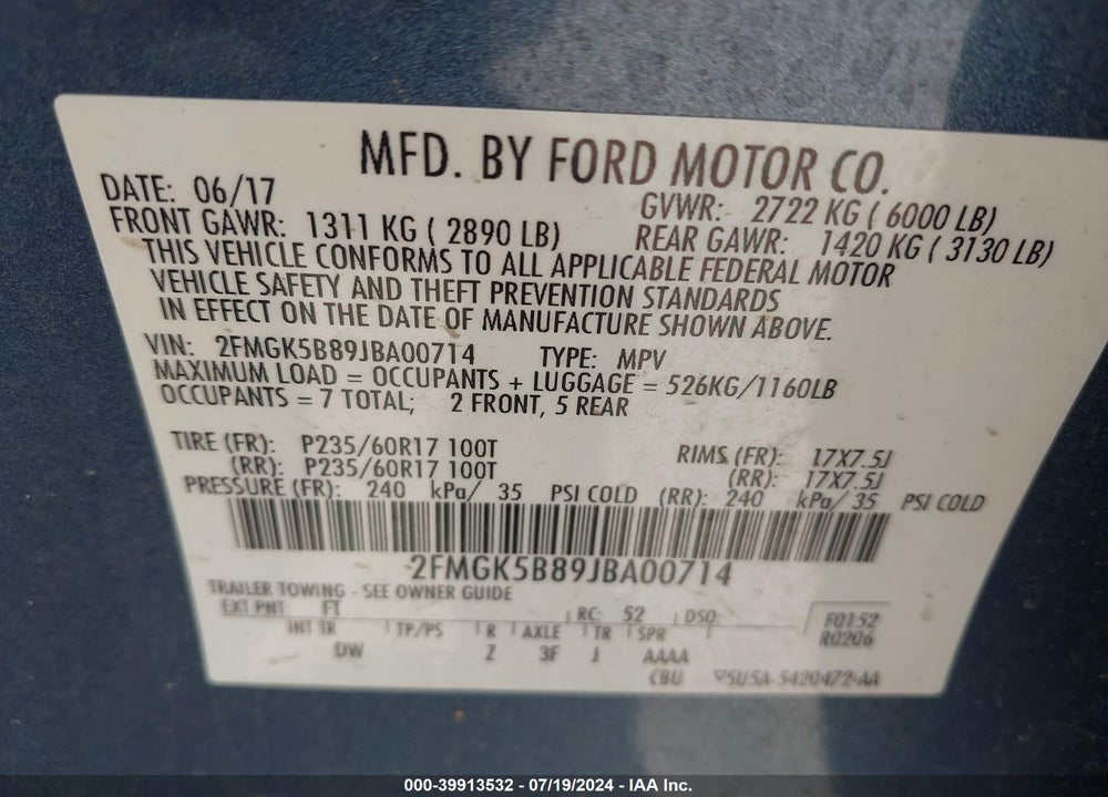 2018 FORD FLEX SE VIN: 2FMGK5B89JBA00714
