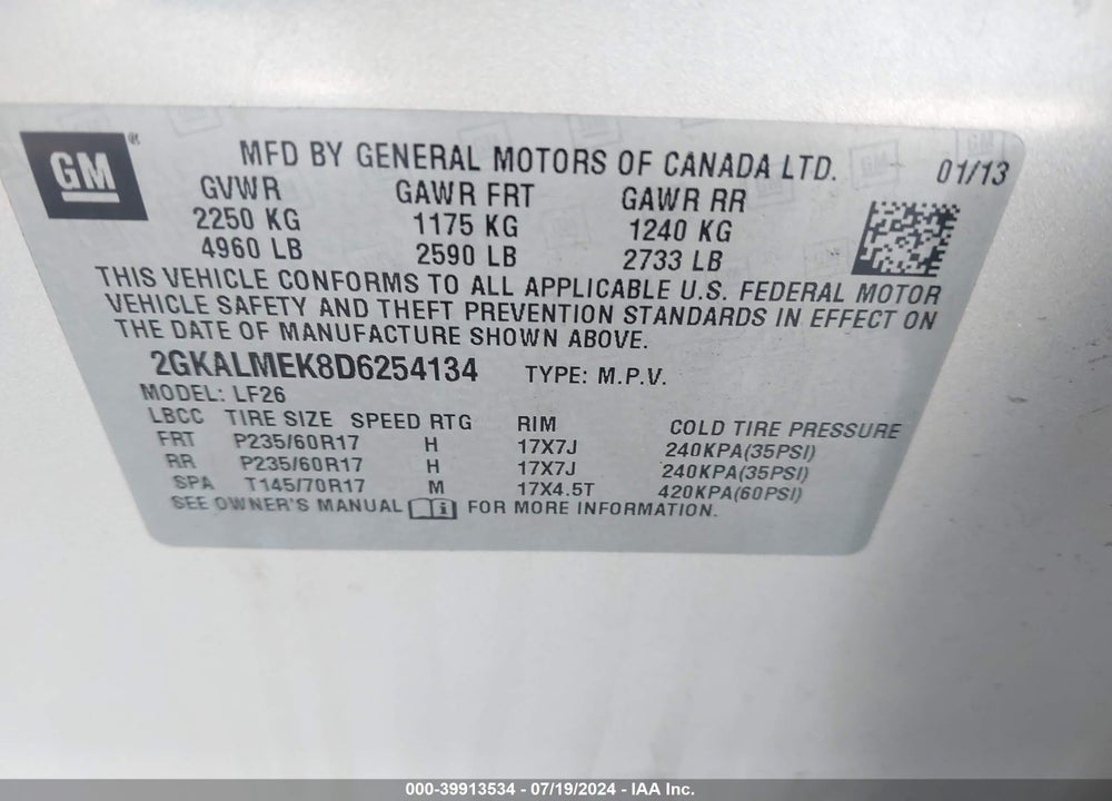 2013 GMC TERRAIN SLE-1 VIN: 2GKALMEK8D6254134