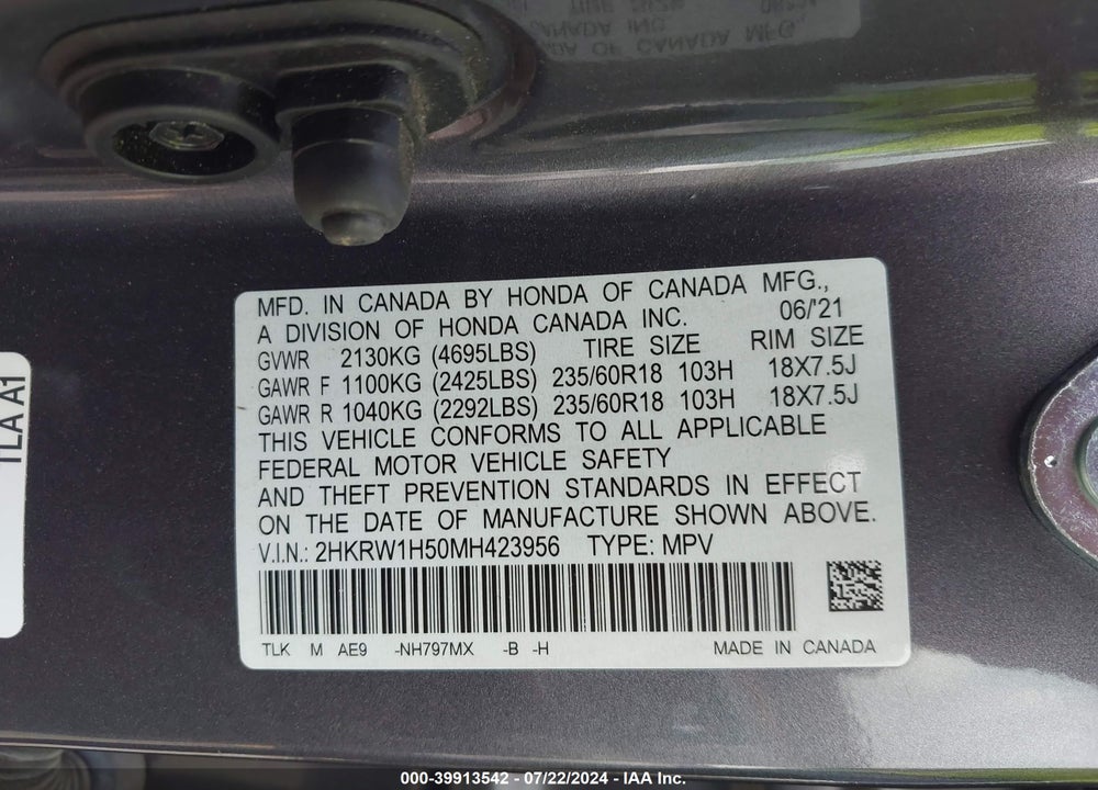 2021 HONDA CR-V 2WD EX VIN: 2HKRW1H50MH423956