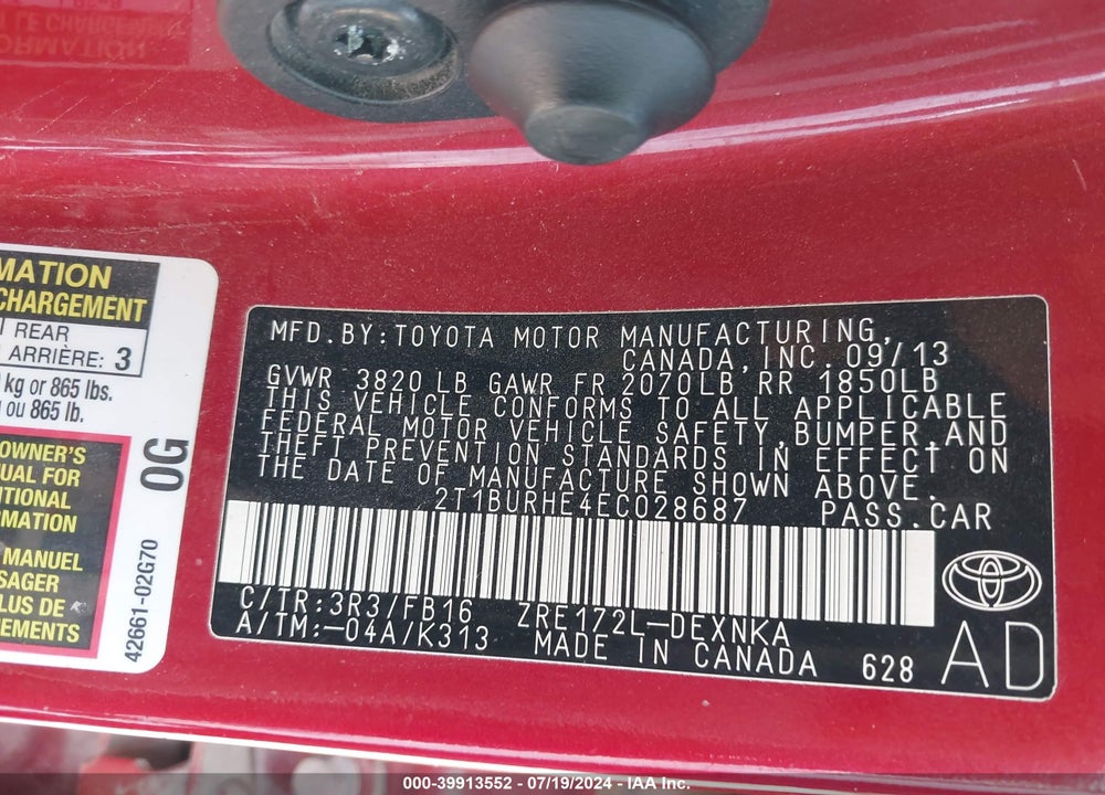 2014 TOYOTA COROLLA LE VIN: 2T1BURHE4EC028687