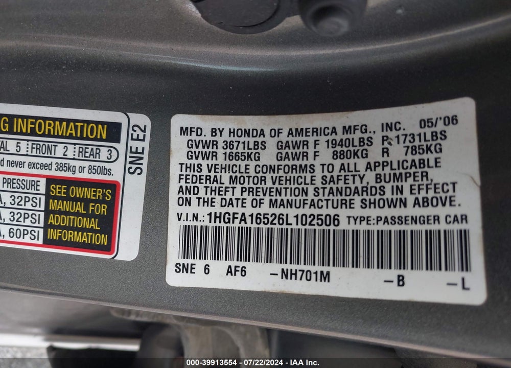2006 HONDA CIVIC LX VIN: 1HGFA16526L102506