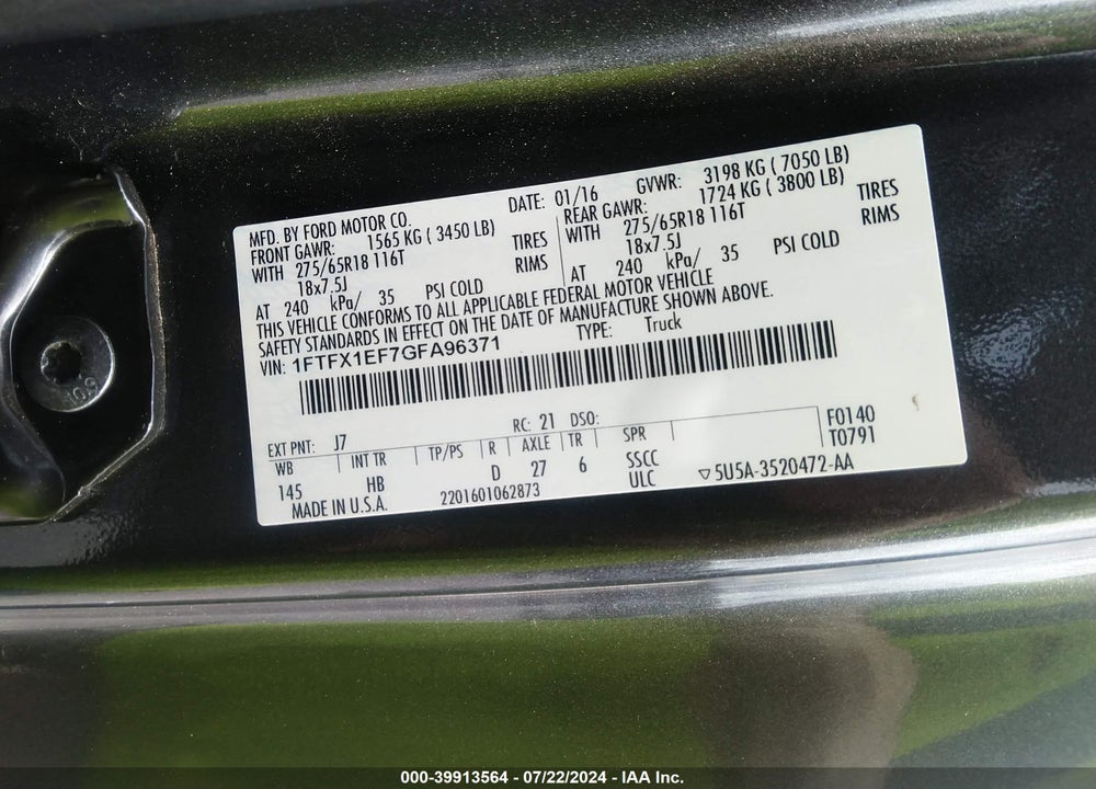 2016 FORD F-150 LARIAT VIN: 1FTFX1EF7GFA96371