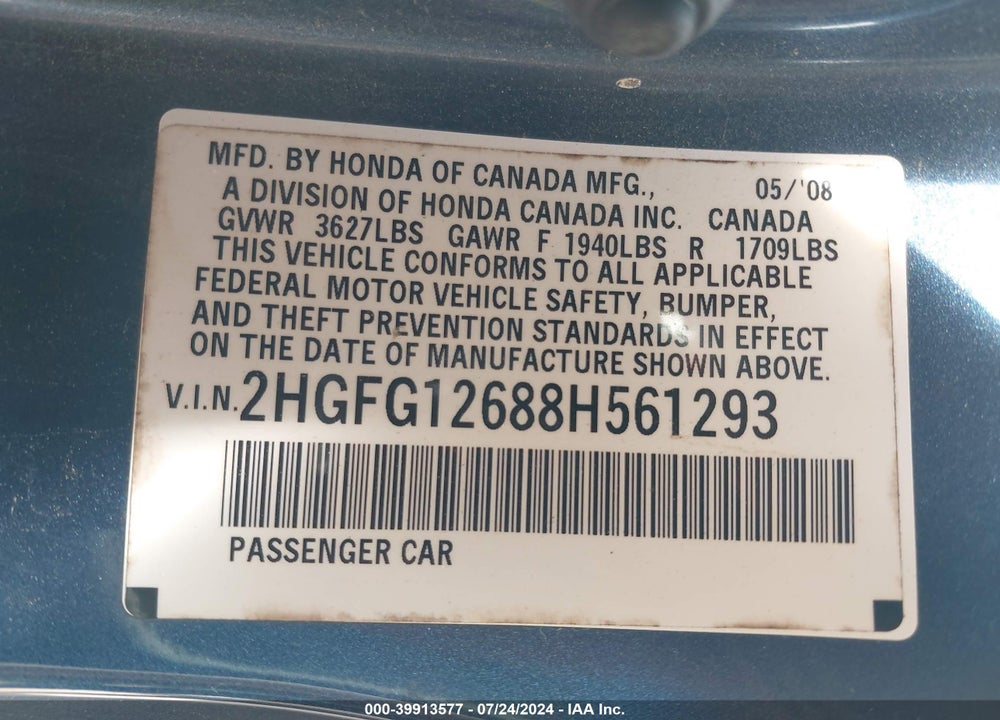 2008 HONDA CIVIC LX VIN: 2HGFG12688H561293