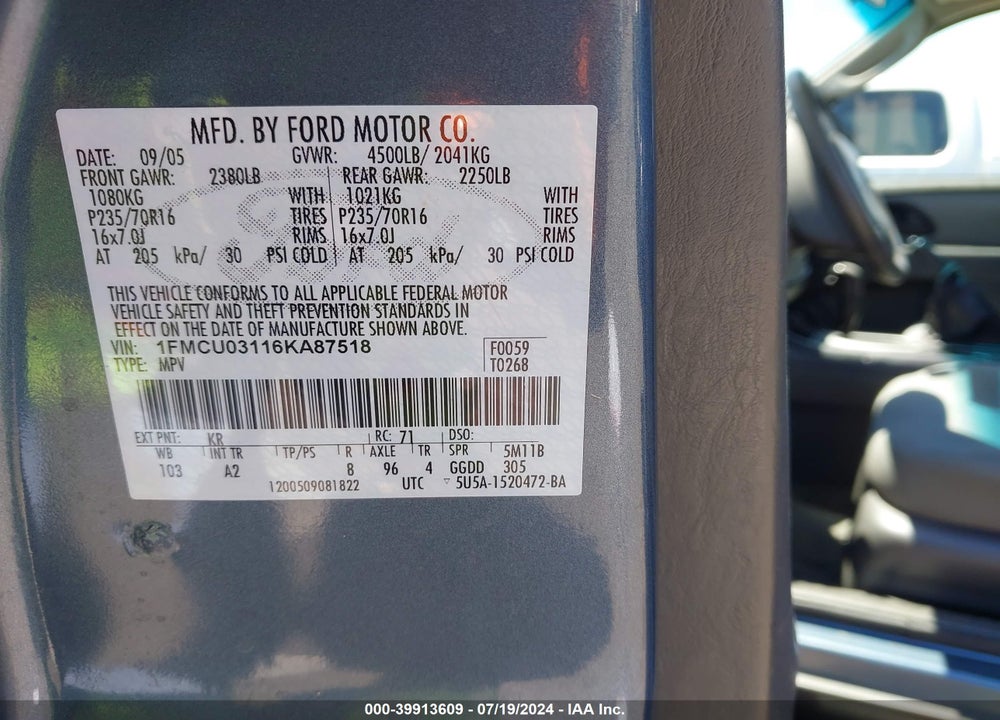 2006 FORD ESCAPE XLT/XLT SPORT VIN: 1FMCU03116KA87518