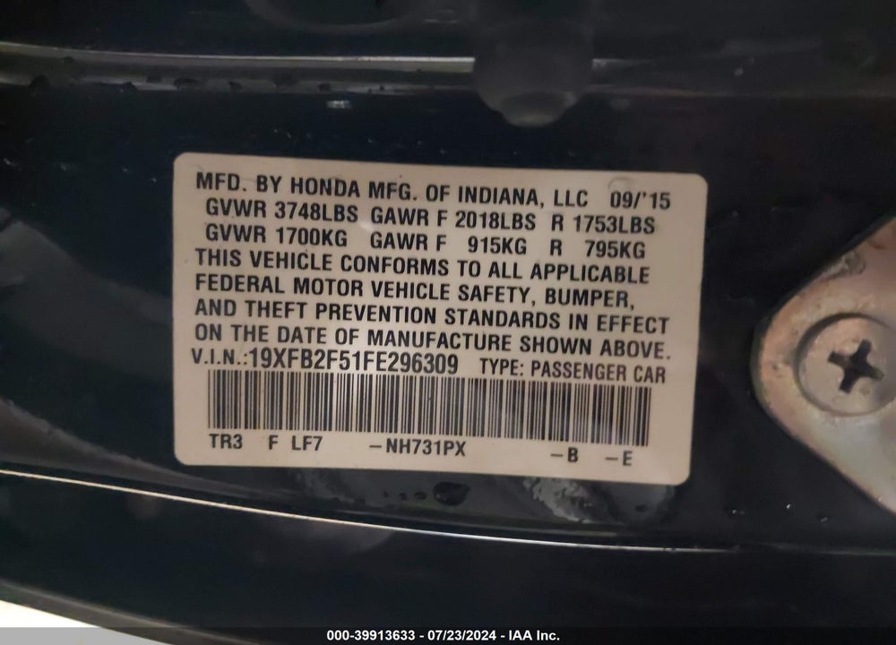 2015 HONDA CIVIC LX VIN: 19XFB2F51FE296309