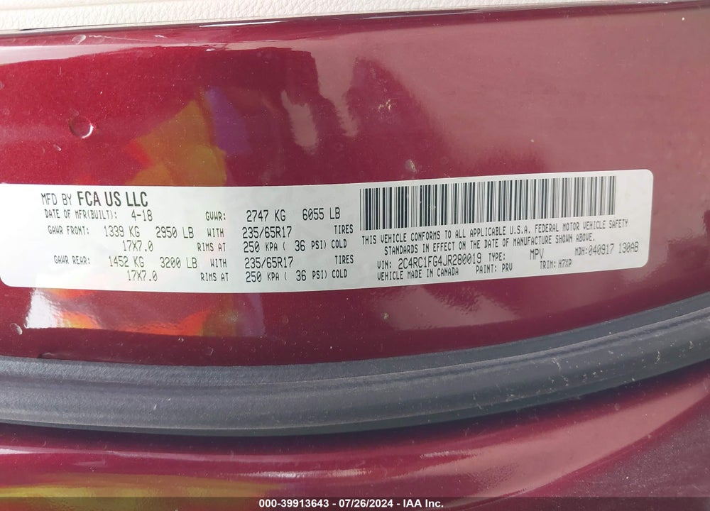 2018 CHRYSLER PACIFICA TOURING PLUS VIN: 2C4RC1FG4JR280019