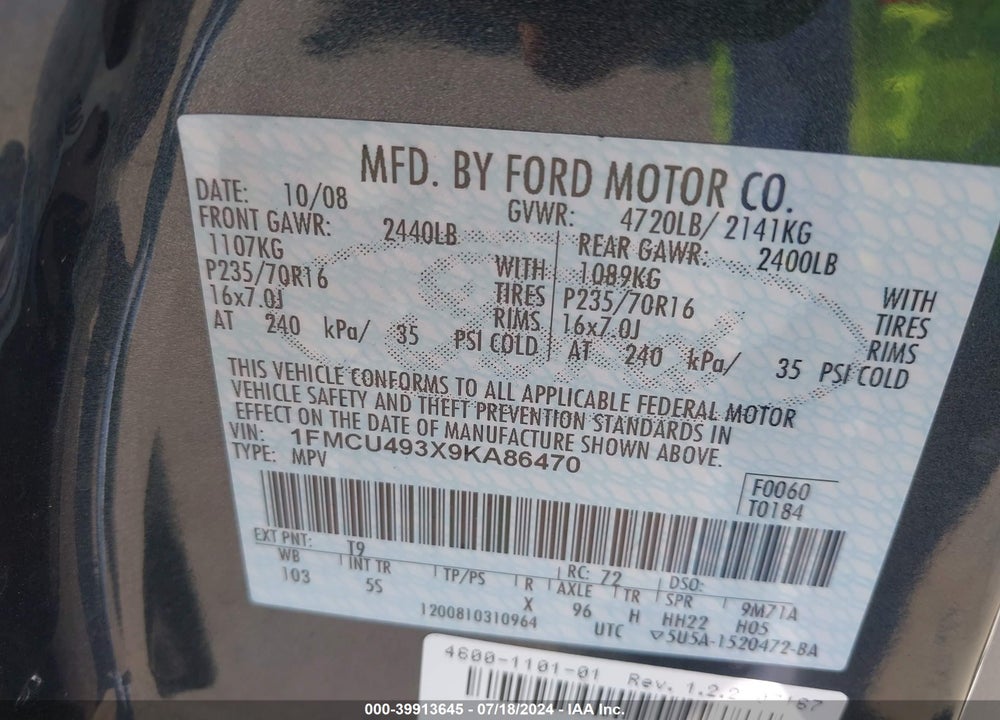 2009 FORD ESCAPE HYBRID LIMITED VIN: 1FMCU493X9KA86470