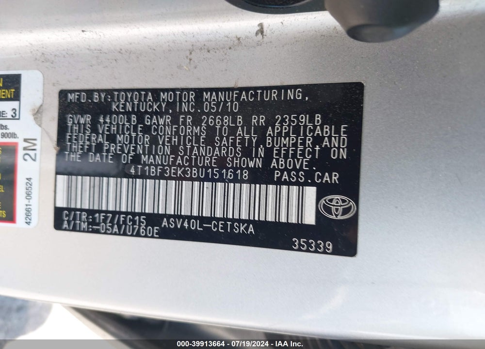 2011 TOYOTA CAMRY SE VIN: 4T1BF3EK3BU151618