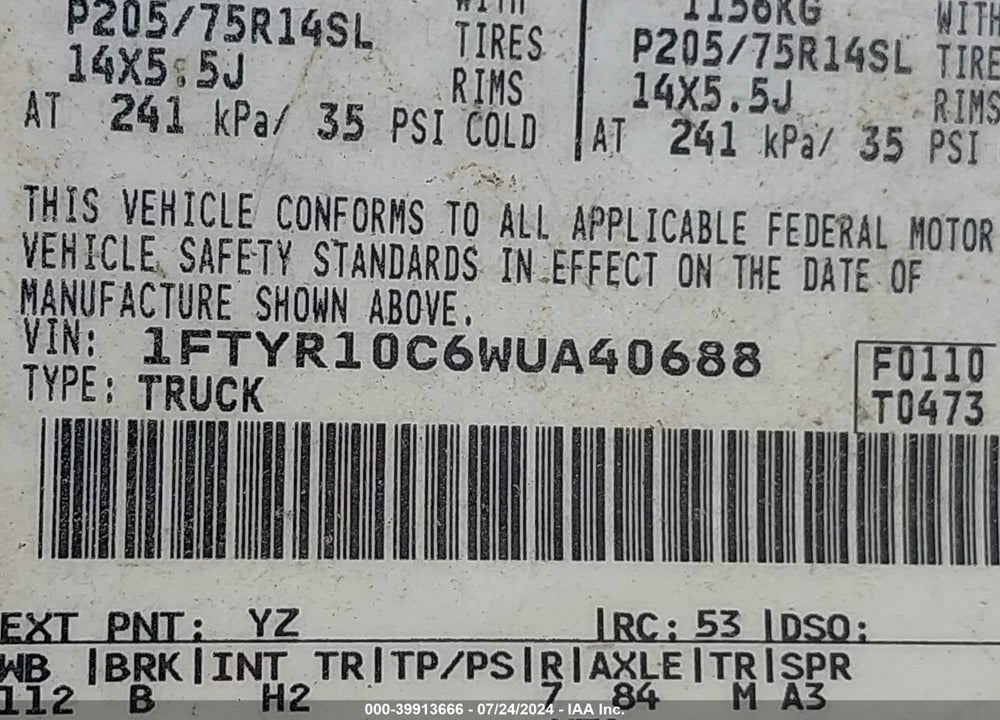 1998 FORD RANGER SPLASH/XL/XLT VIN: 1FTYR10C6WUA40688