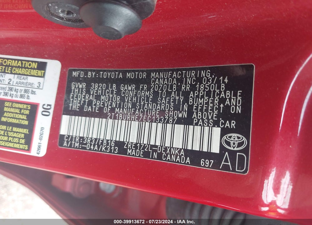 2014 TOYOTA COROLLA LE VIN: 2T1BURHE7EC133787