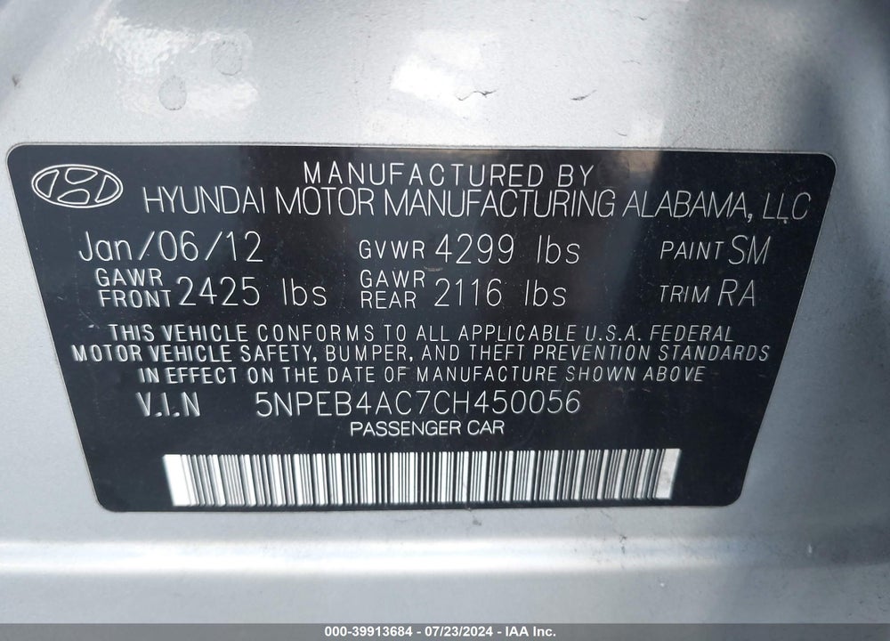 2012 HYUNDAI SONATA GLS VIN: 5NPEB4AC7CH450056