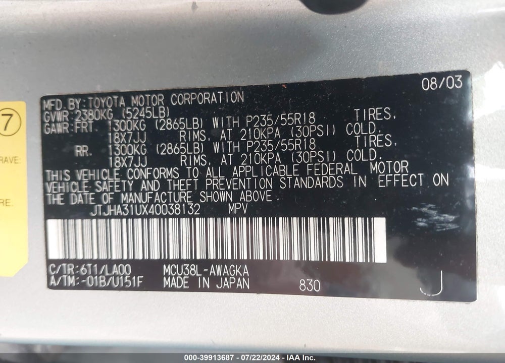 2004 LEXUS RX 330 VIN: JTJHA31UX40038132
