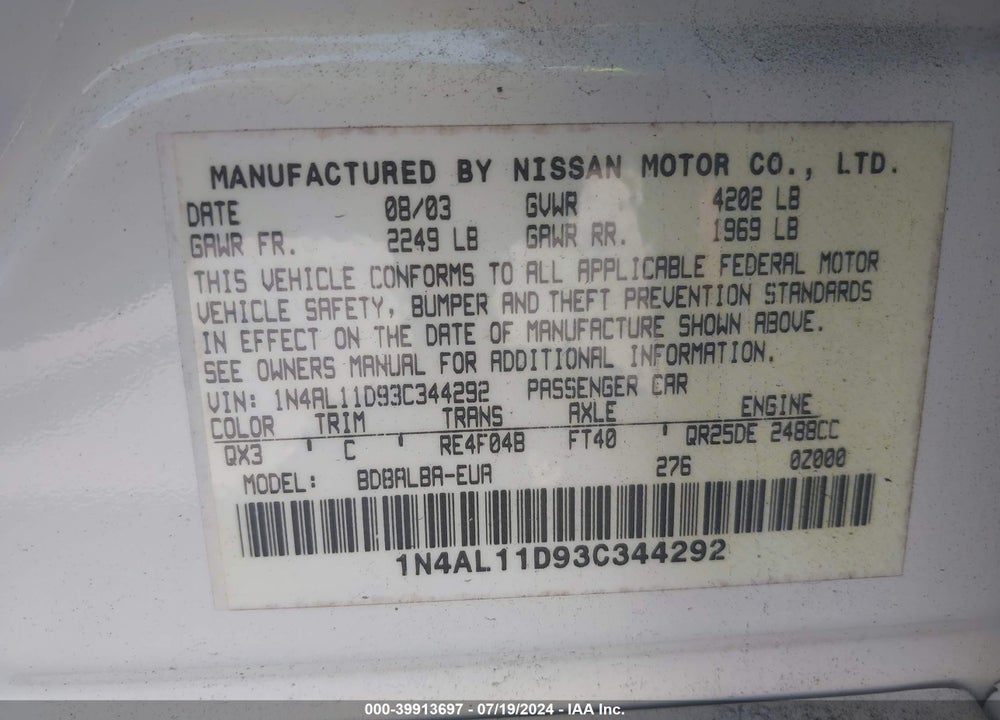 2003 NISSAN ALTIMA 2.5 S VIN: 1N4AL11D93C344292
