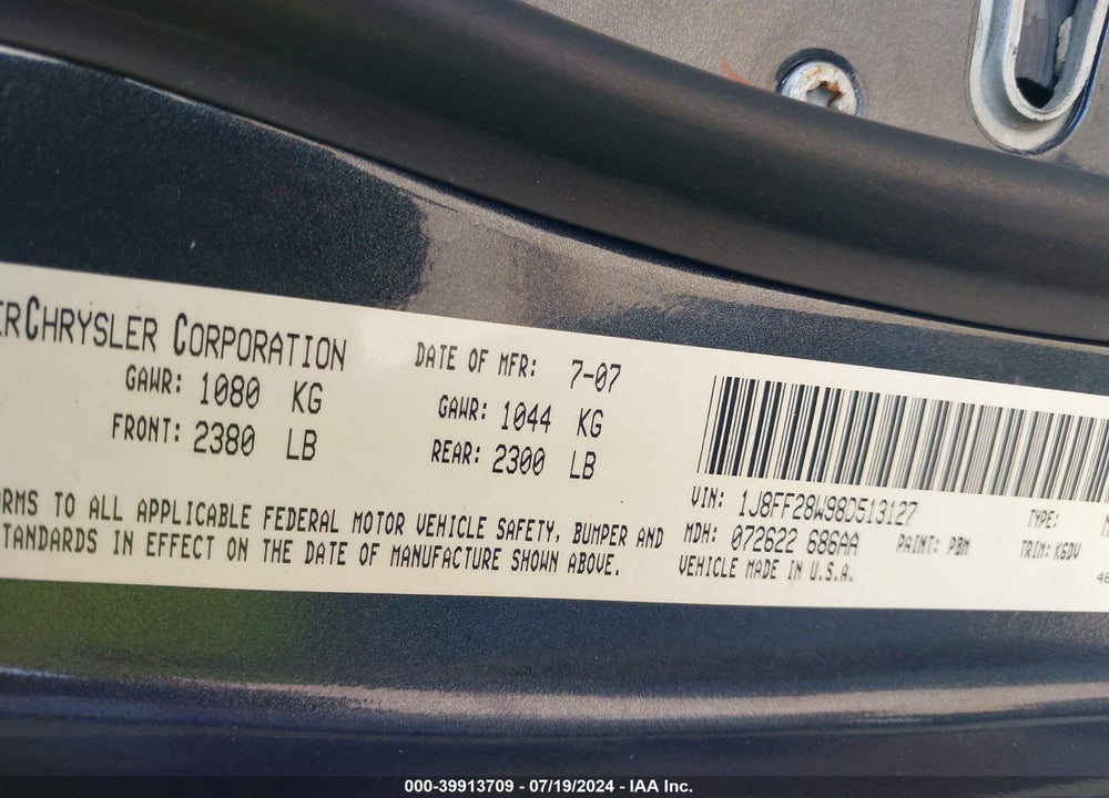 2008 JEEP PATRIOT VIN: 1J8FF28W98D513127