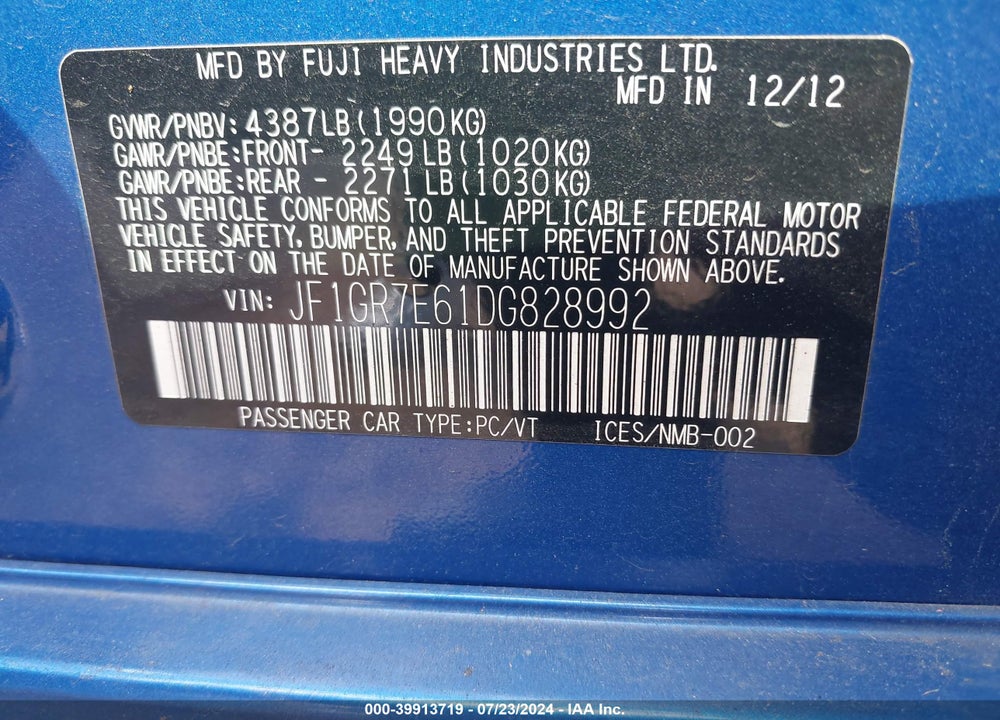 2013 SUBARU IMPREZA WRX PREMIUM VIN: JF1GR7E61DG828992