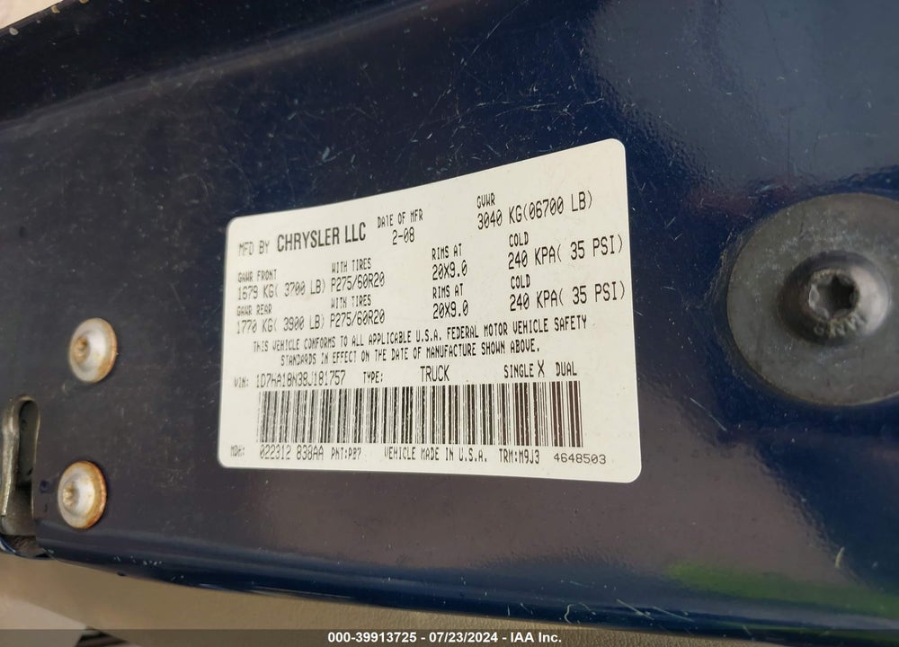 2008 DODGE RAM 1500 SLT VIN: 1D7HA18N38J181757