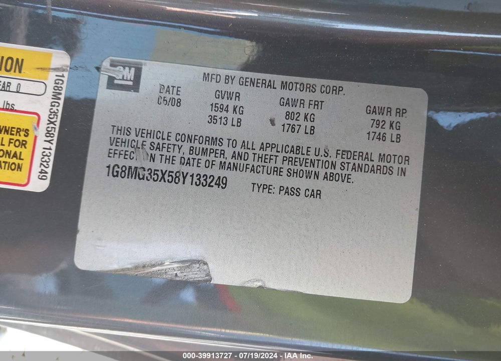 2008 SATURN SKY RED LINE VIN: 1G8MG35X58Y133249