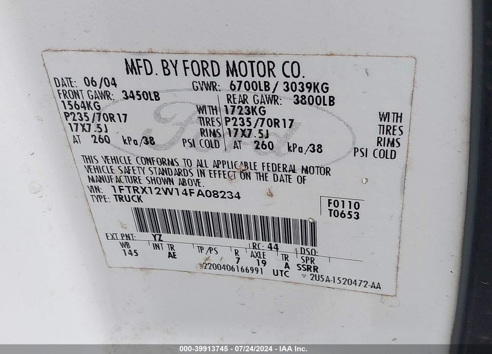 2004 FORD F-150 STX/XL/XLT VIN: 1FTRX12W14FA08234