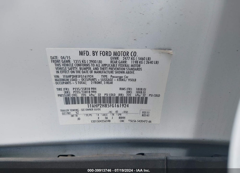 2015 FORD TAURUS SEL VIN: 1FAHP2H85FG161924