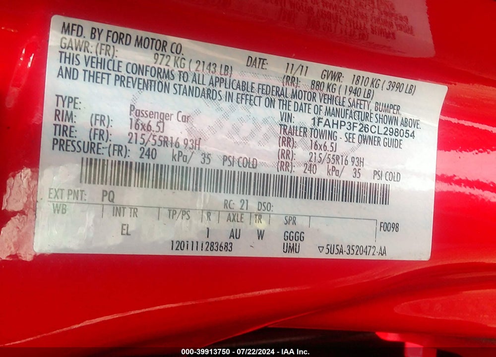 2012 FORD FOCUS SE VIN: 1FAHP3F26CL298054