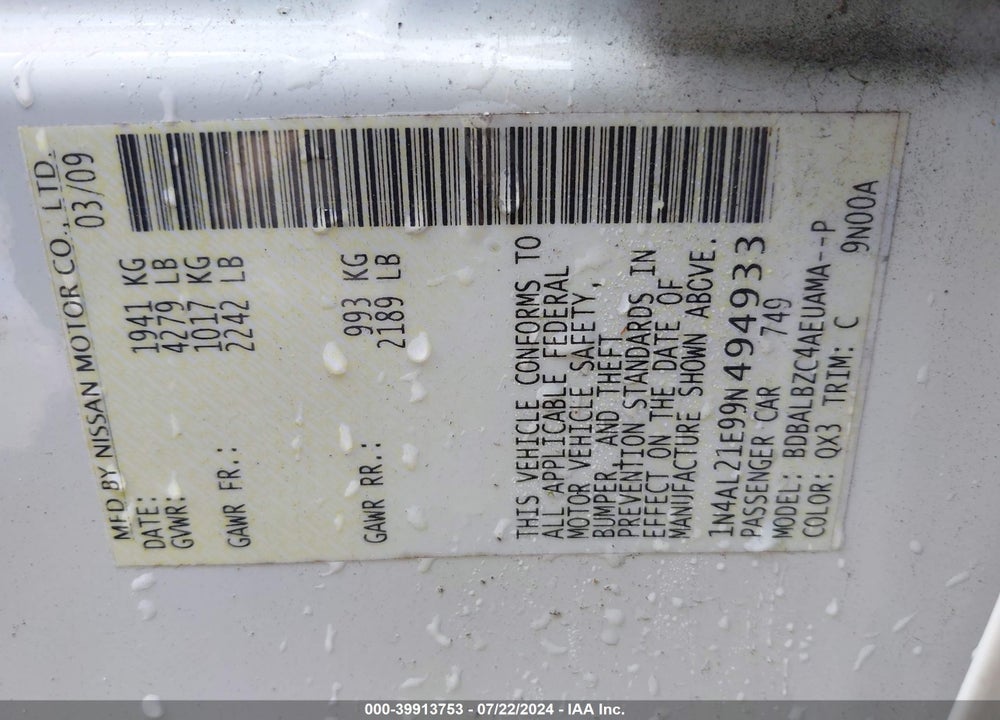 2009 NISSAN ALTIMA 2.5 S VIN: 1N4AL21E99N494933