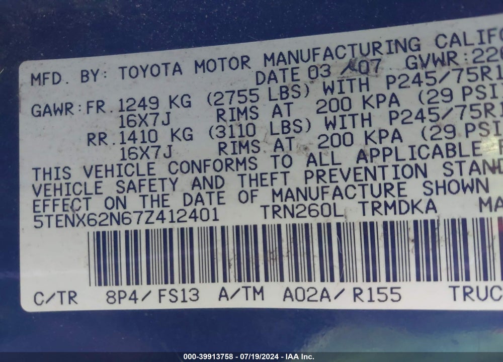 2007 TOYOTA TACOMA PRERUNNER VIN: 5TENX62N67Z412401