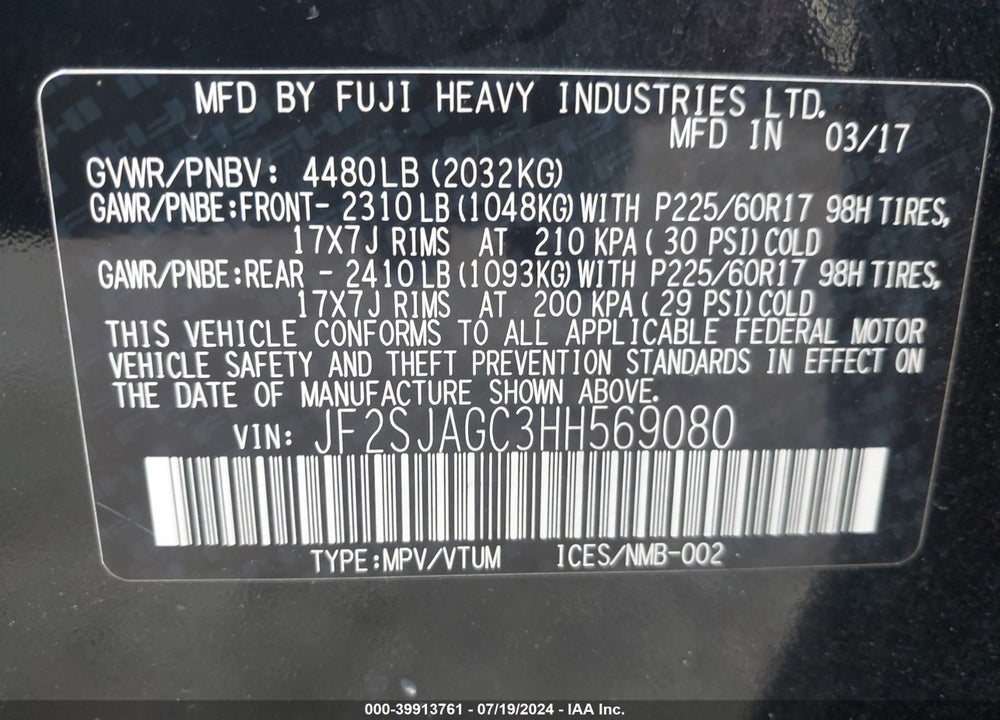 2017 SUBARU FORESTER 2.5I PREMIUM VIN: JF2SJAGC3HH569080