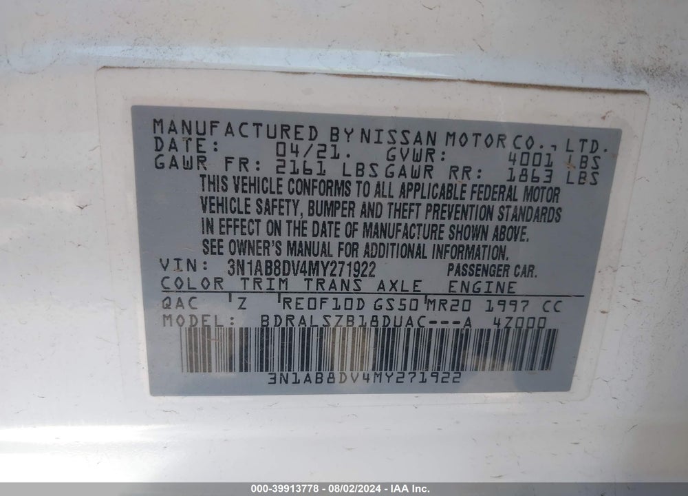 2021 NISSAN SENTRA SR XTRONIC CVT VIN: 3N1AB8DV4MY271922