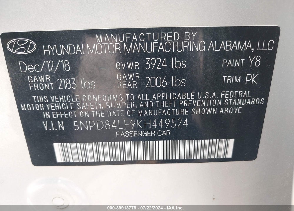 2019 HYUNDAI ELANTRA SEL VIN: 5NPD84LF9KH449524