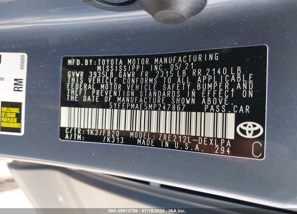 2021 TOYOTA COROLLA LE VIN: 5YFEPMAE5MP247867