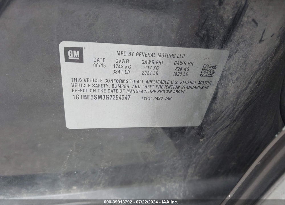 2016 CHEVROLET CRUZE LT AUTO VIN: 1G1BE5SM3G7284547