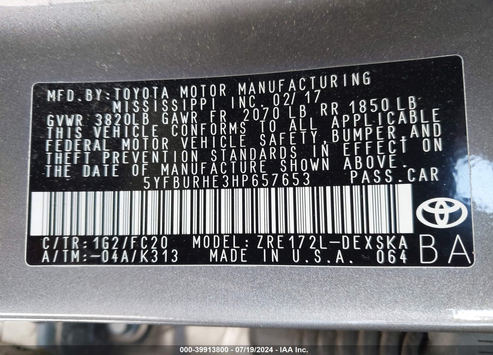 2017 TOYOTA COROLLA VIN: 5YFBURHE3HP657653