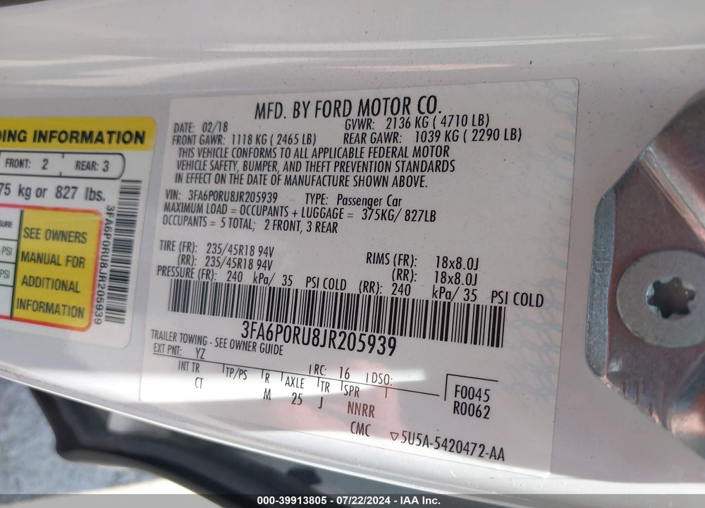 2018 FORD FUSION HYBRID TITANIUM VIN: 3FA6P0RU8JR205939