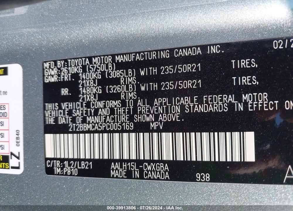 2023 LEXUS RX 350H PREMIUM PLUS VIN: 2T2BBMCA5PC005169