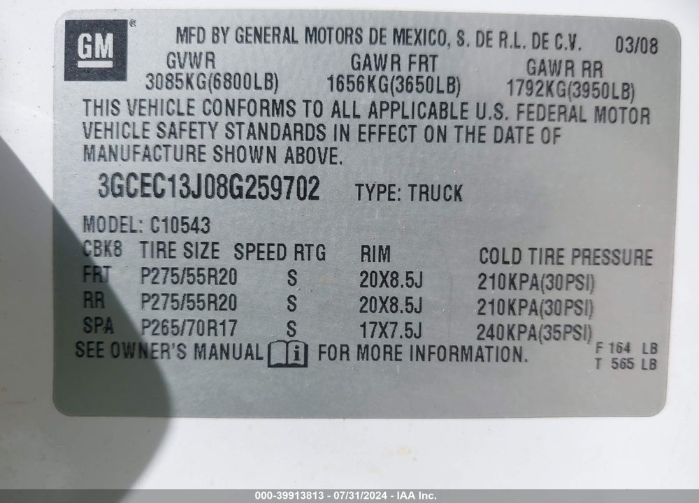 2008 CHEVROLET SILVERADO 1500 VIN: 3GCEC13J08G259702