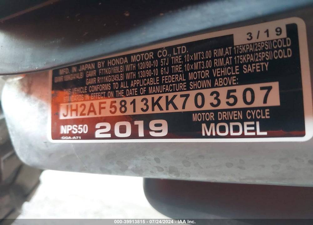 2019 HONDA NPS50 VIN: JH2AF5813KK703507