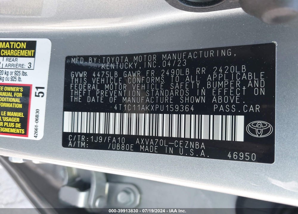2023 TOYOTA CAMRY LE VIN: 4T1C11AKXPU159364