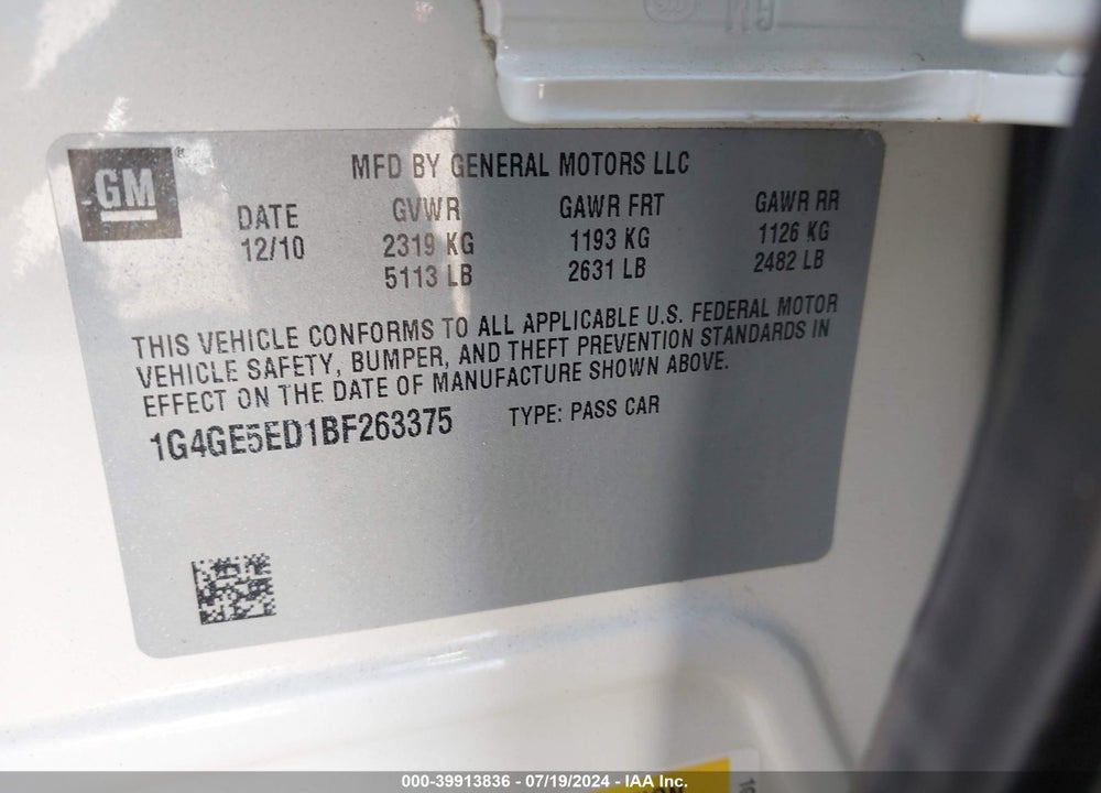 2011 BUICK LACROSSE CXS VIN: 1G4GE5ED1BF263375