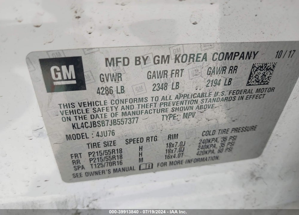 2018 BUICK ENCORE PREFERRED II VIN: KL4CJBSB7JB557377
