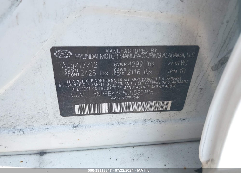 2013 HYUNDAI SONATA GLS VIN: 5NPEB4AC5DH586185