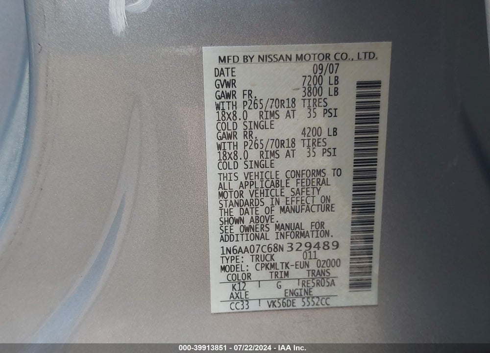 2008 NISSAN TITAN VIN: 1N6AA07C68N329489