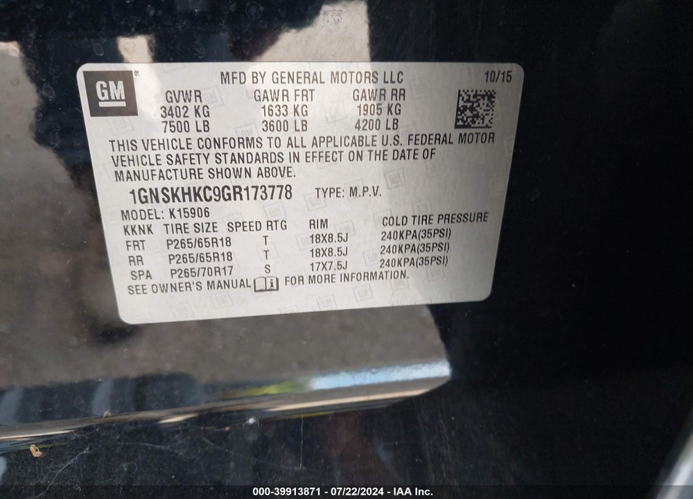 2016 CHEVROLET SUBURBAN LT VIN: 1GNSKHKC9GR173778