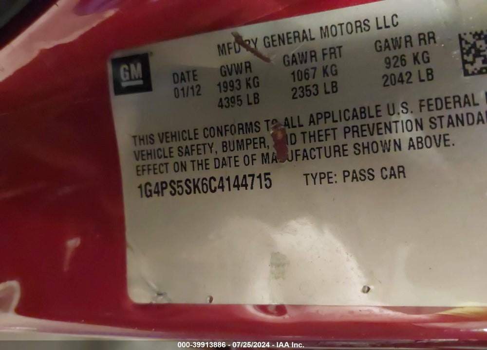 2012 BUICK VERANO LEATHER GROUP VIN: 1G4PS5SK6C4144715