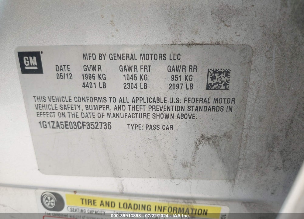 2012 CHEVROLET MALIBU LS VIN: 1G1ZA5E03CF352736