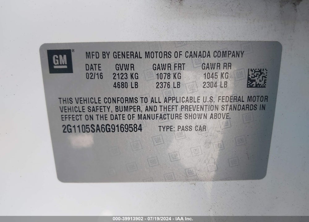 2016 CHEVROLET IMPALA 1LT VIN: 2G1105SA6G9169584