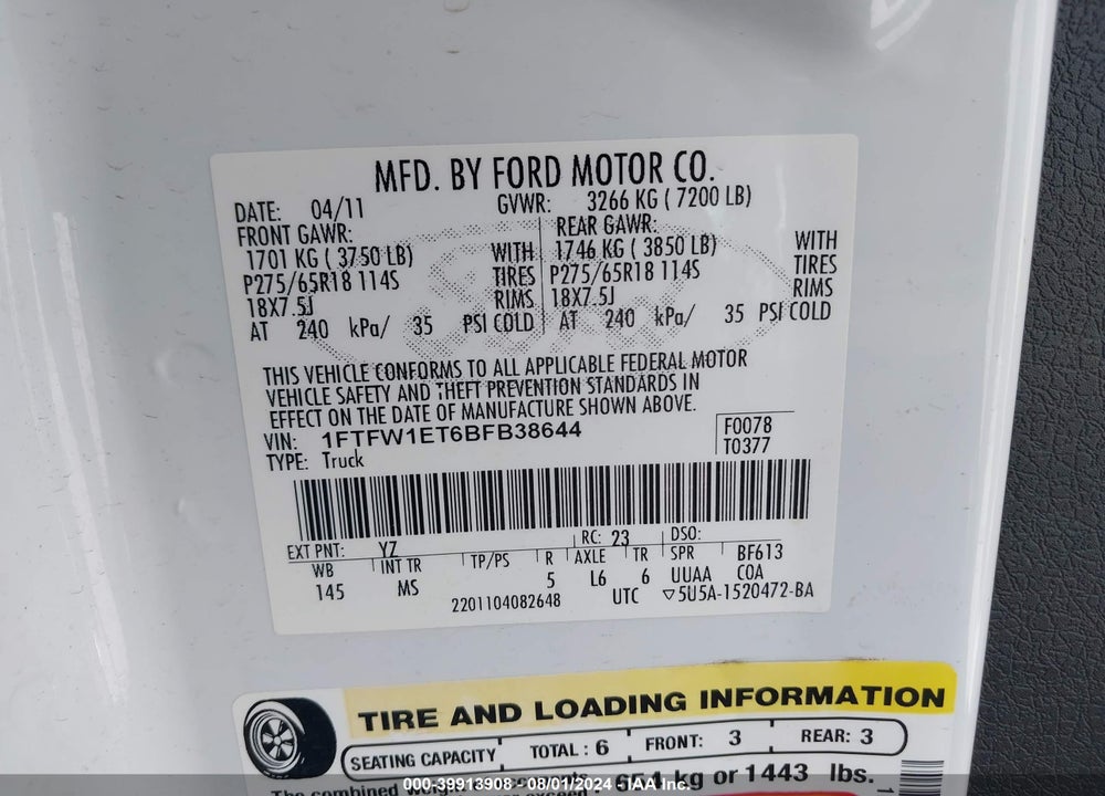 2011 FORD F-150 XLT VIN: 1FTFW1ET6BFB38644