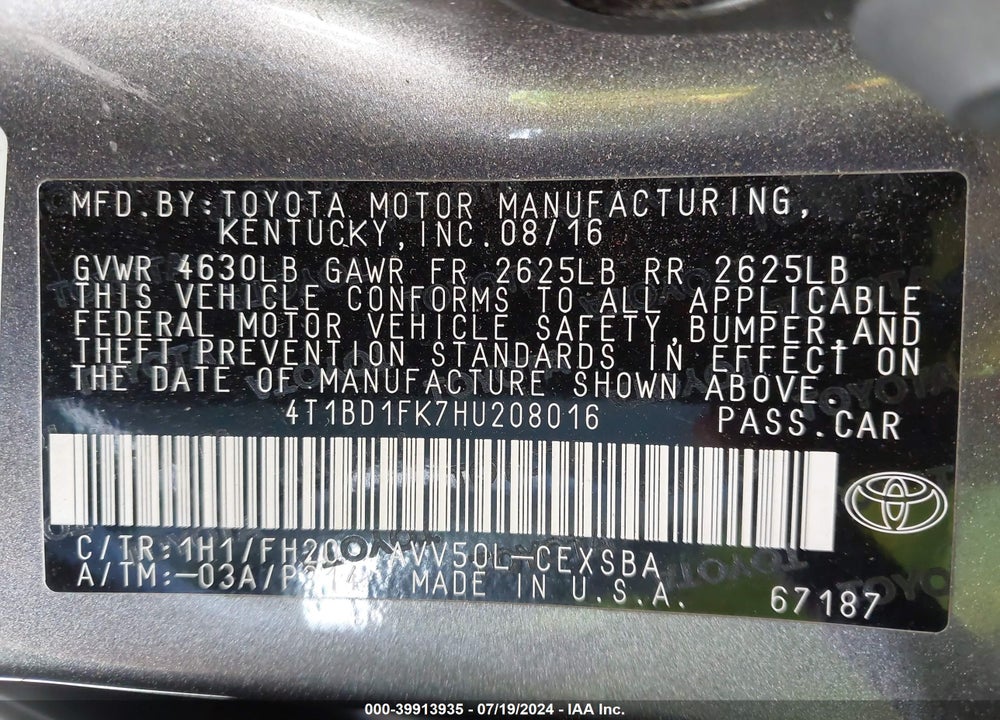 2017 TOYOTA CAMRY HYBRID SE VIN: 4T1BD1FK7HU208016