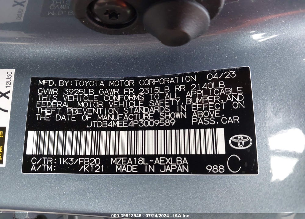 2023 TOYOTA COROLLA LE VIN: JTDB4MEE4P3009589