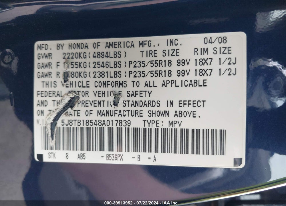 2008 ACURA RDX VIN: 5J8TB18548A017839